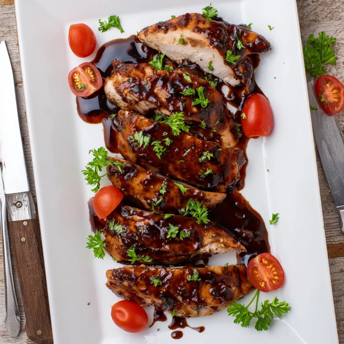 Tender juicy chicken breasts brushed with dark balsamic honey sauce and garnished with fresh green parsley