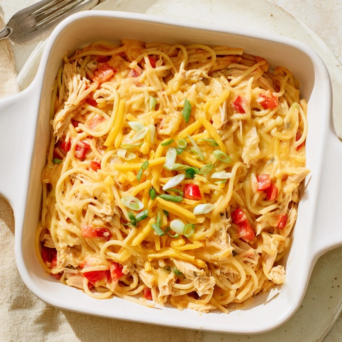 Golden Monterey Chicken Spaghetti casserole with melted cheese topping and fresh green onion garnish