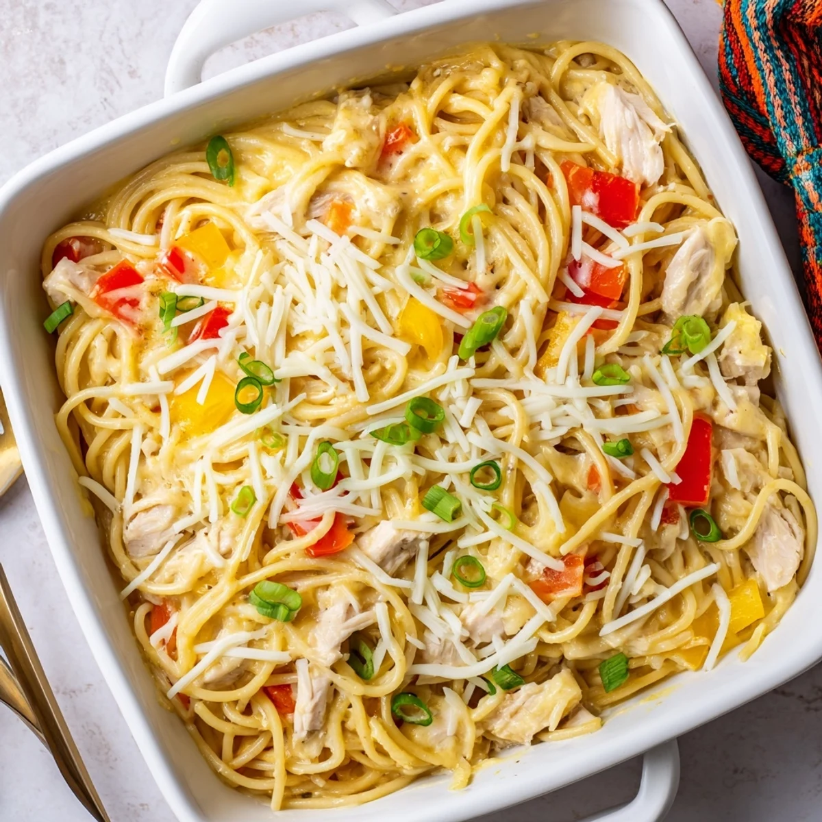 Creamy baked Monterey Chicken Spaghetti featuring tender chicken pasta in bubbling Monterey Jack cheese sauce