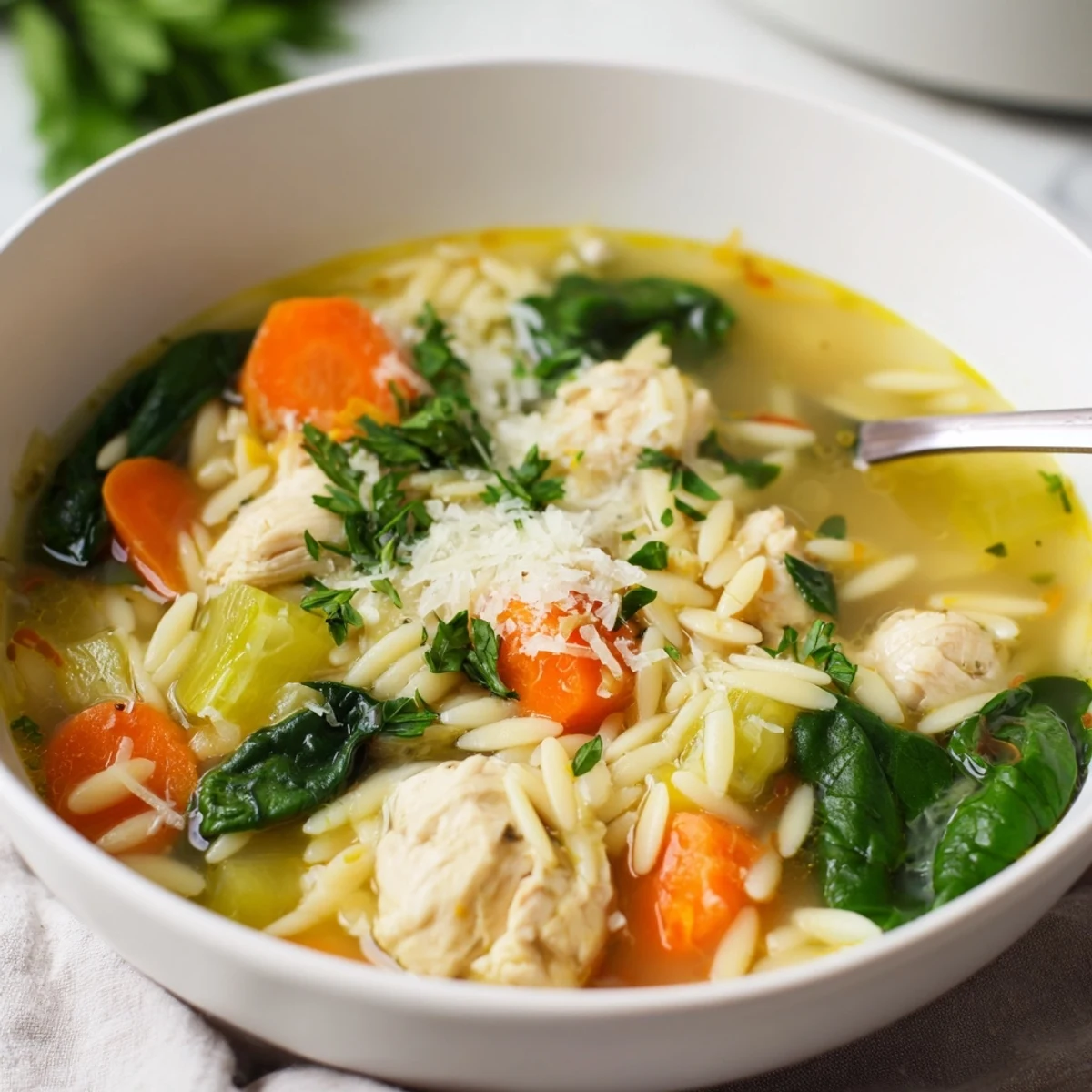 Creamy spring lemon chicken orzo soup with tender chicken pieces, bright vegetables, and fluffy pasta in a golden lemon broth