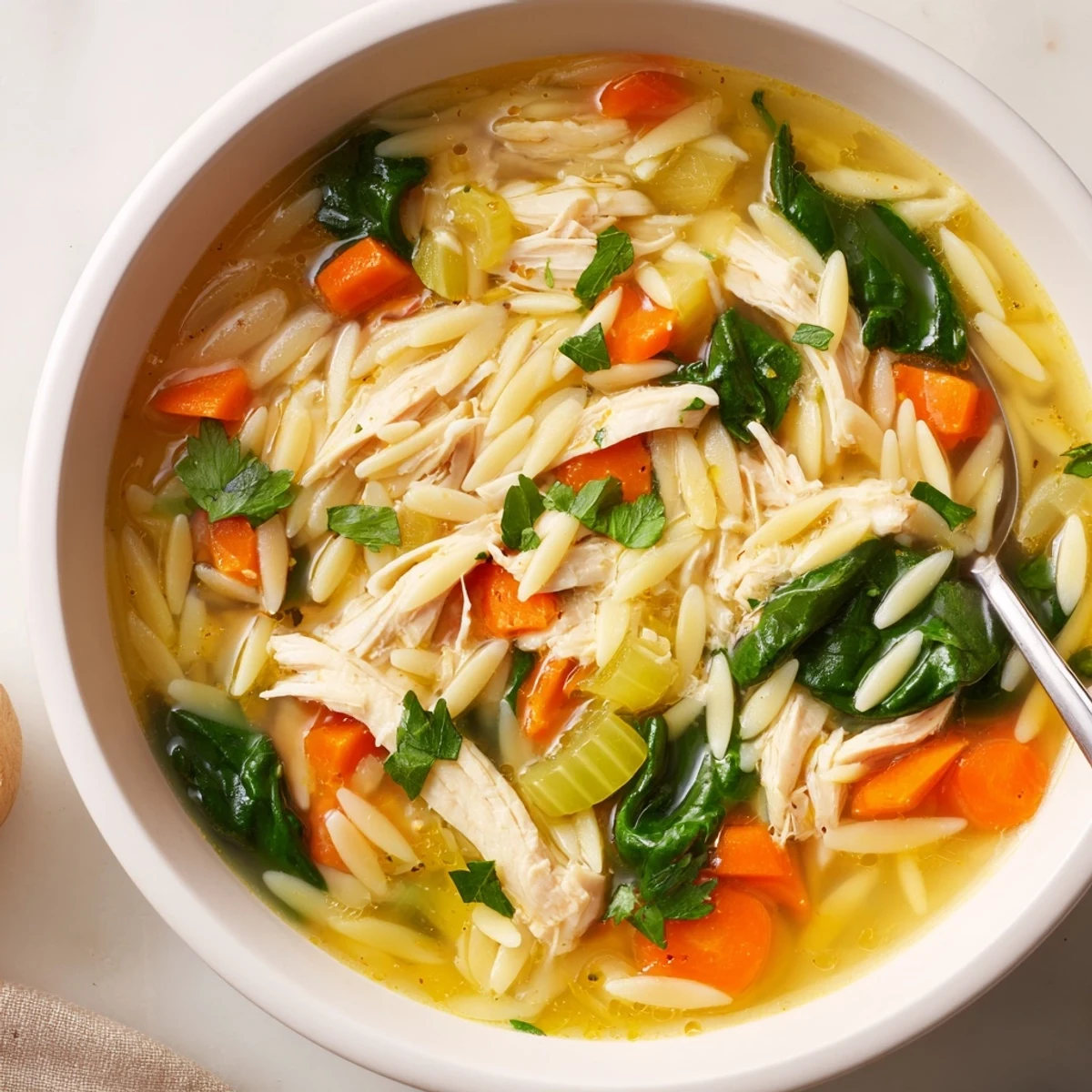 Garnished spring lemon chicken orzo soup featuring wilted spinach, orzo pasta, and fresh herbs in a rustic bowl