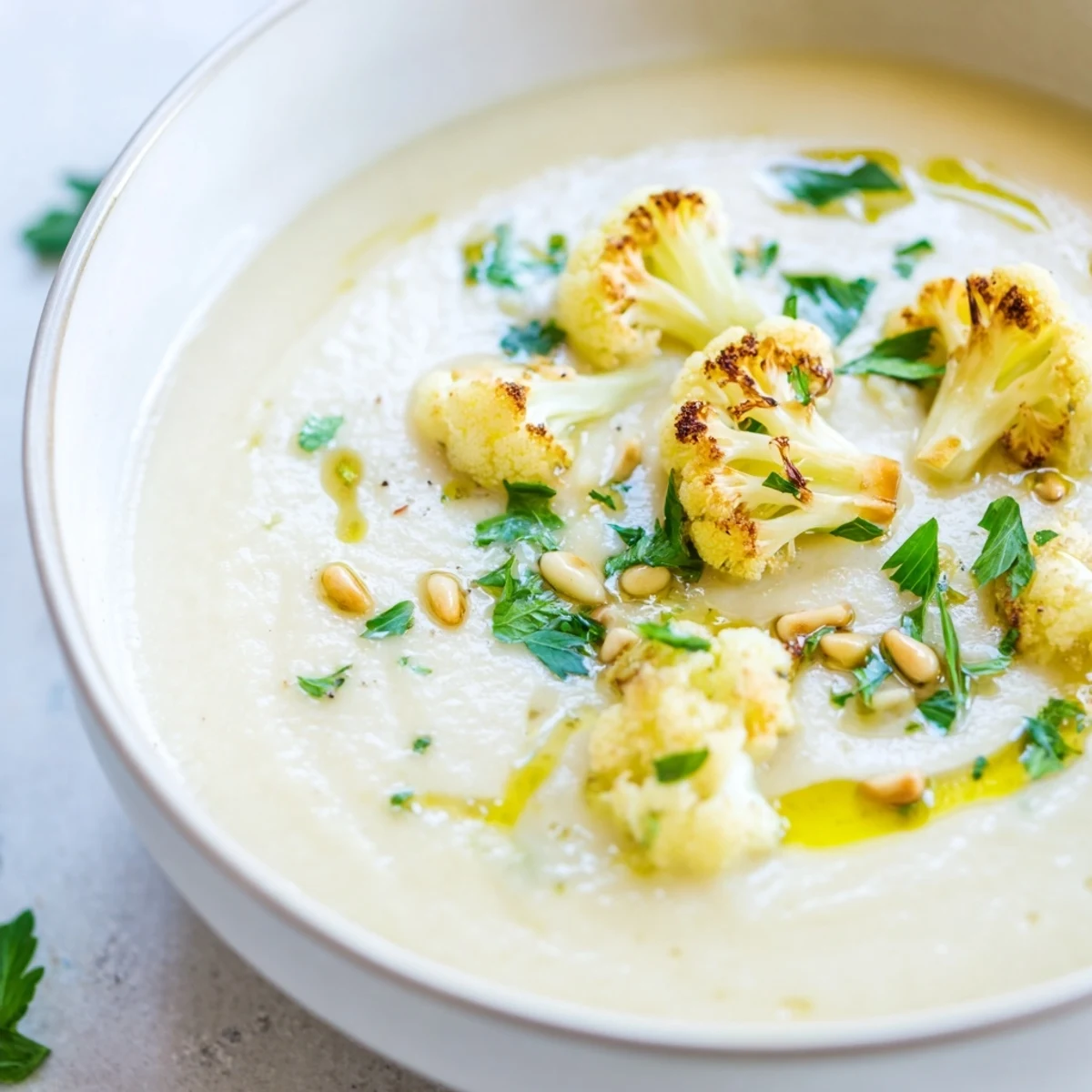 Creamy Mediterranean cauliflower soup garnished with toasted pine nuts and fresh parsley in a white bowl