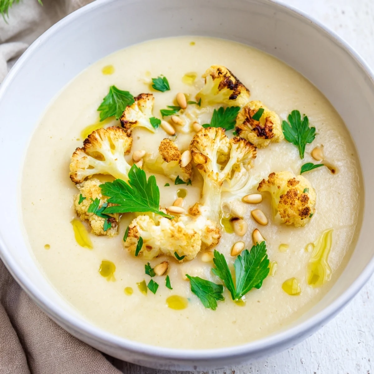 Velvety roasted cauliflower soup with lemon and herbs served with crusty bread for dipping