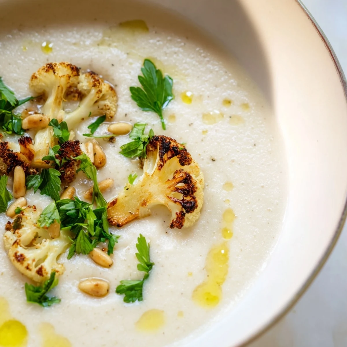 Golden bowl of rich Mediterranean cauliflower soup topped with roasted florets and olive oil drizzle