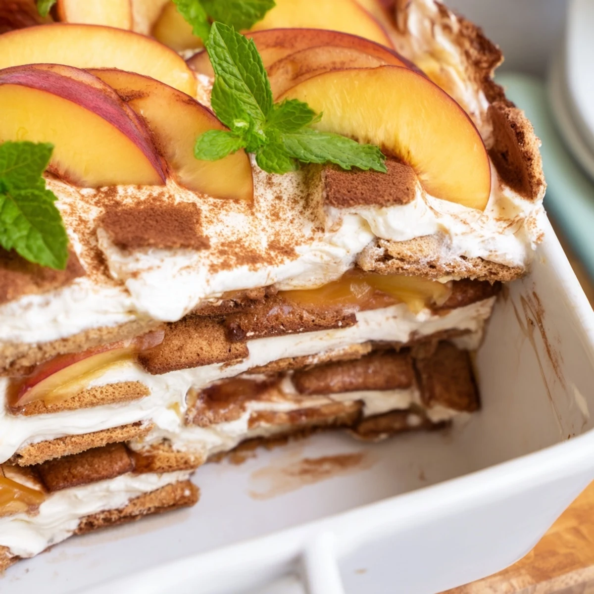Golden peach slices layered between creamy mascarpone filling and soft ladyfingers in this refreshing Peach Tiramisu dessert