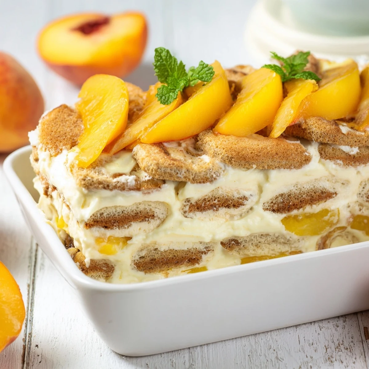 Summer Peach Tiramisu featuring juicy peaches, fluffy mascarpone cream, and delicate soaked ladyfingers garnished with fresh mint