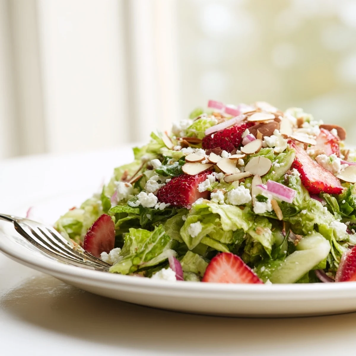 Fresh strawberry romaine feta salad with crisp lettuce, juicy berries, and toasted almonds