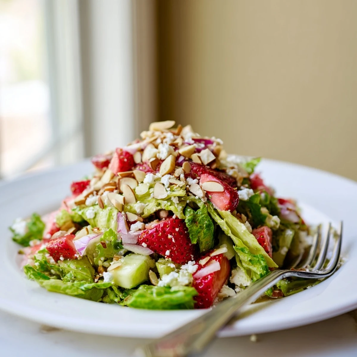 Vibrant bowl of crunchy strawberry romaine feta salad topped with tangy crumbled cheese