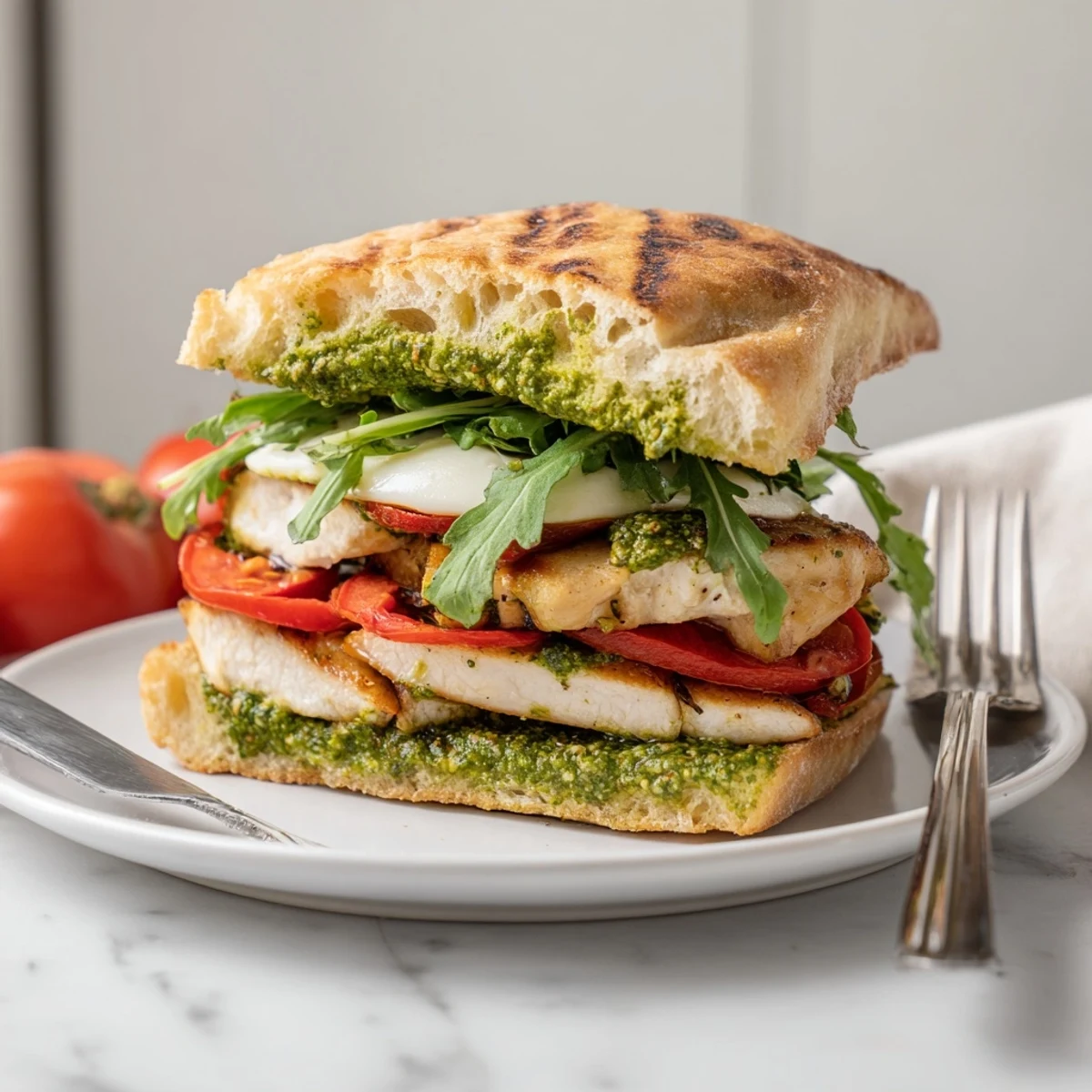 Grilled chicken pesto sandwich stacked with melted mozzarella, fresh tomato slices, and peppery arugula on toasted ciabatta roll.