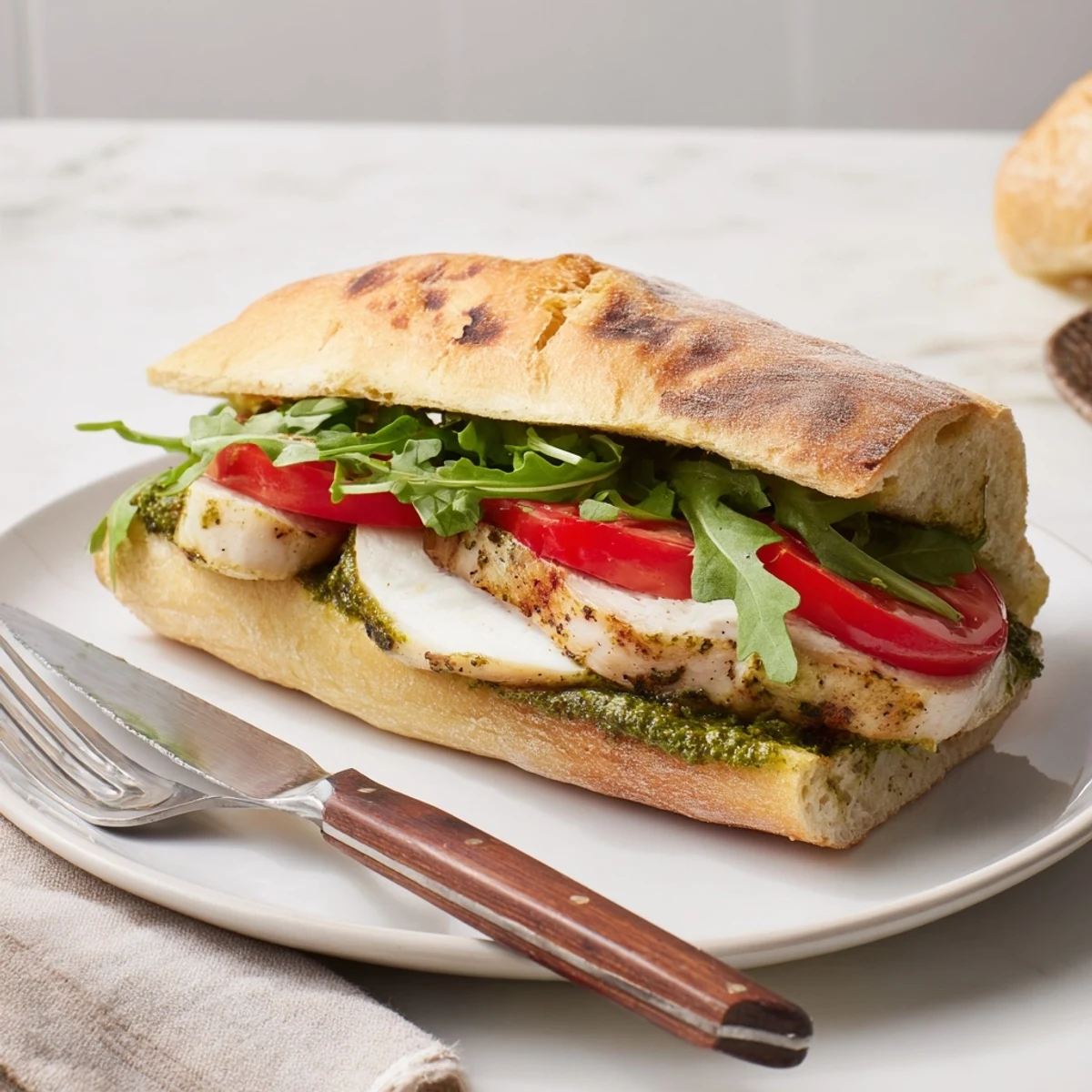 Sliced chicken breast pesto sandwich with juicy tomatoes, gooey cheese, and crisp greens piled onto rustic Italian bread.
