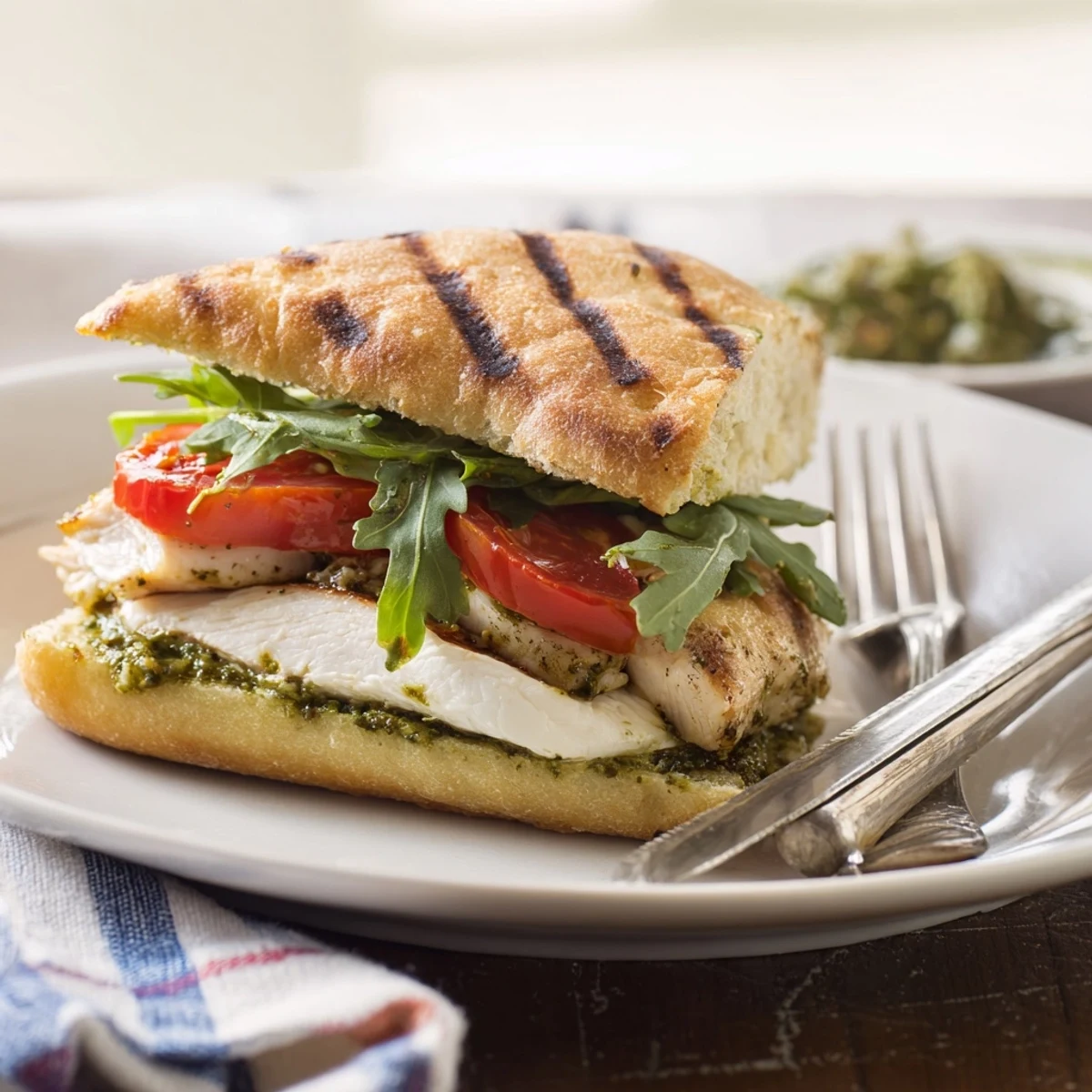 Homemade chicken pesto sandwich featuring golden grilled chicken, fresh basil sauce, and layered vegetables on a warm, crusty roll.