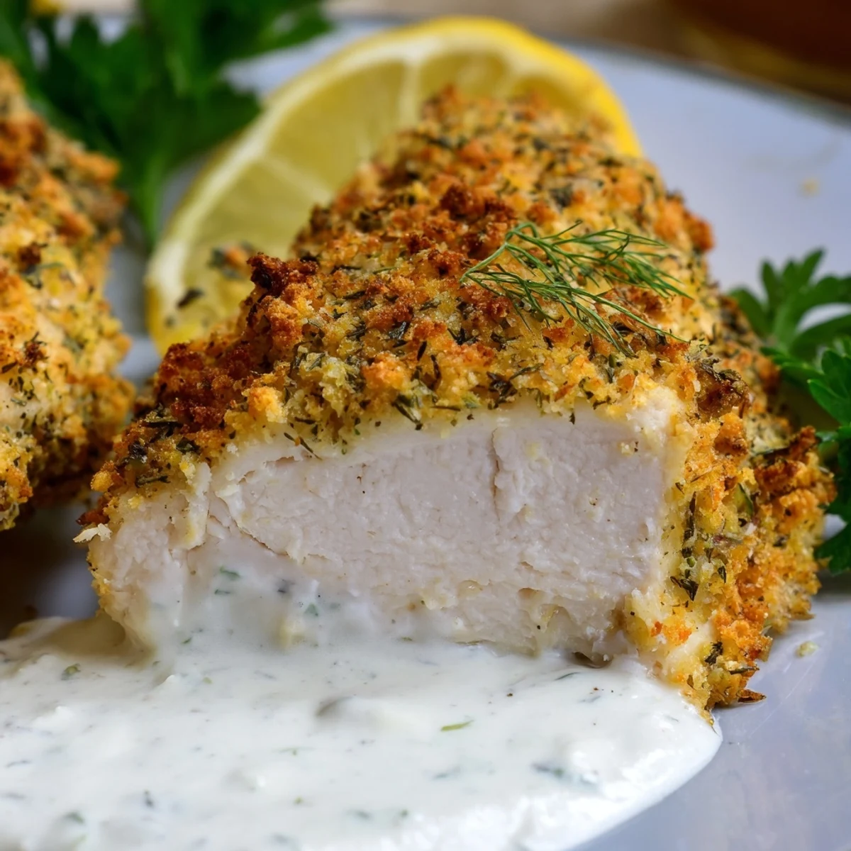 Golden pan-seared Mediterranean chicken tenders served with creamy lemon garlic yogurt dip