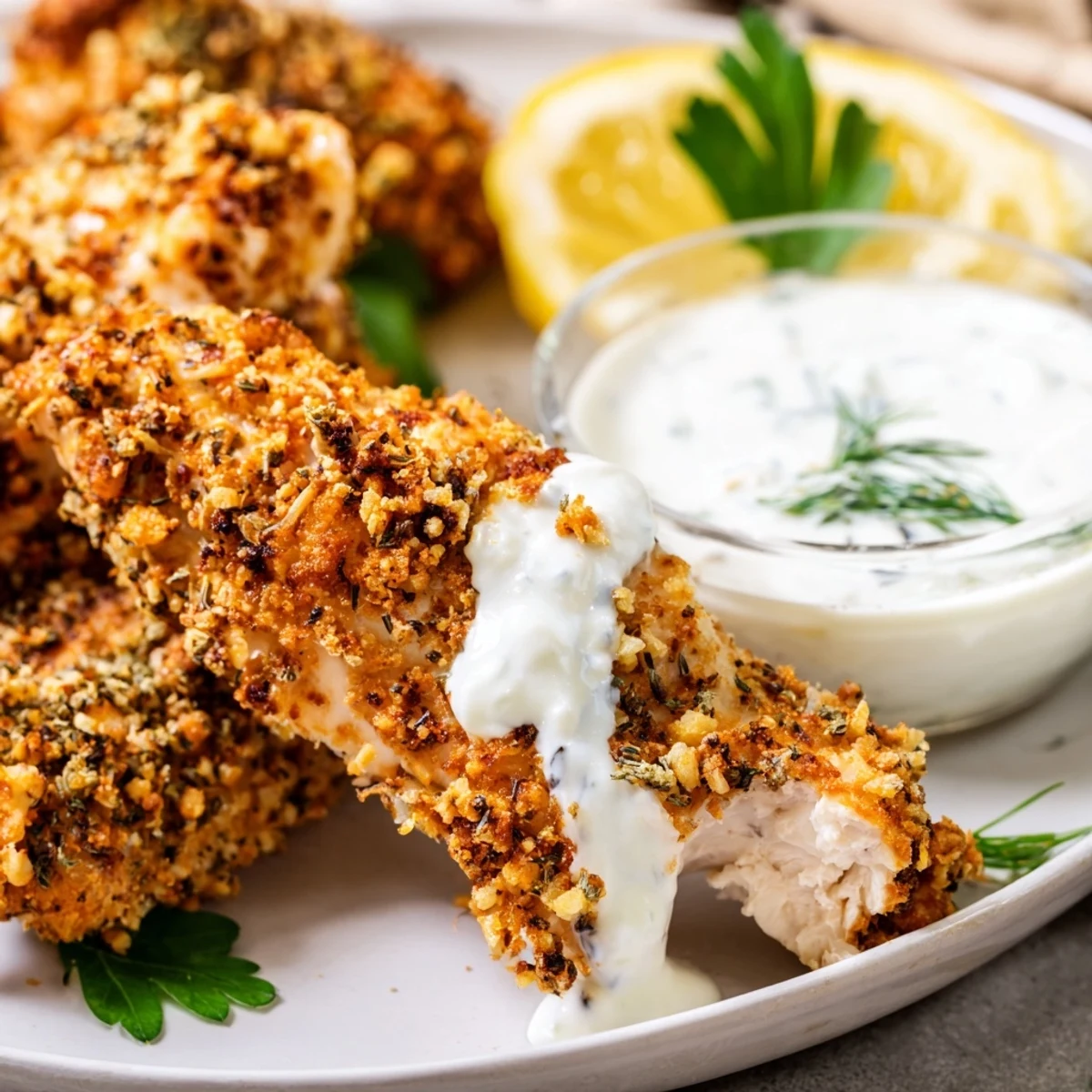 Mediterranean chicken tenders garnished with fresh parsley and lemon wedges for serving