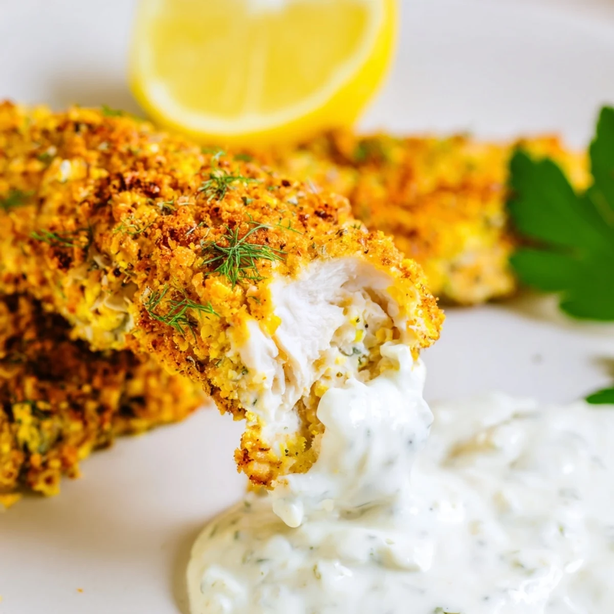 Juicy herb marinated chicken strips plated alongside cool Greek yogurt dipping sauce