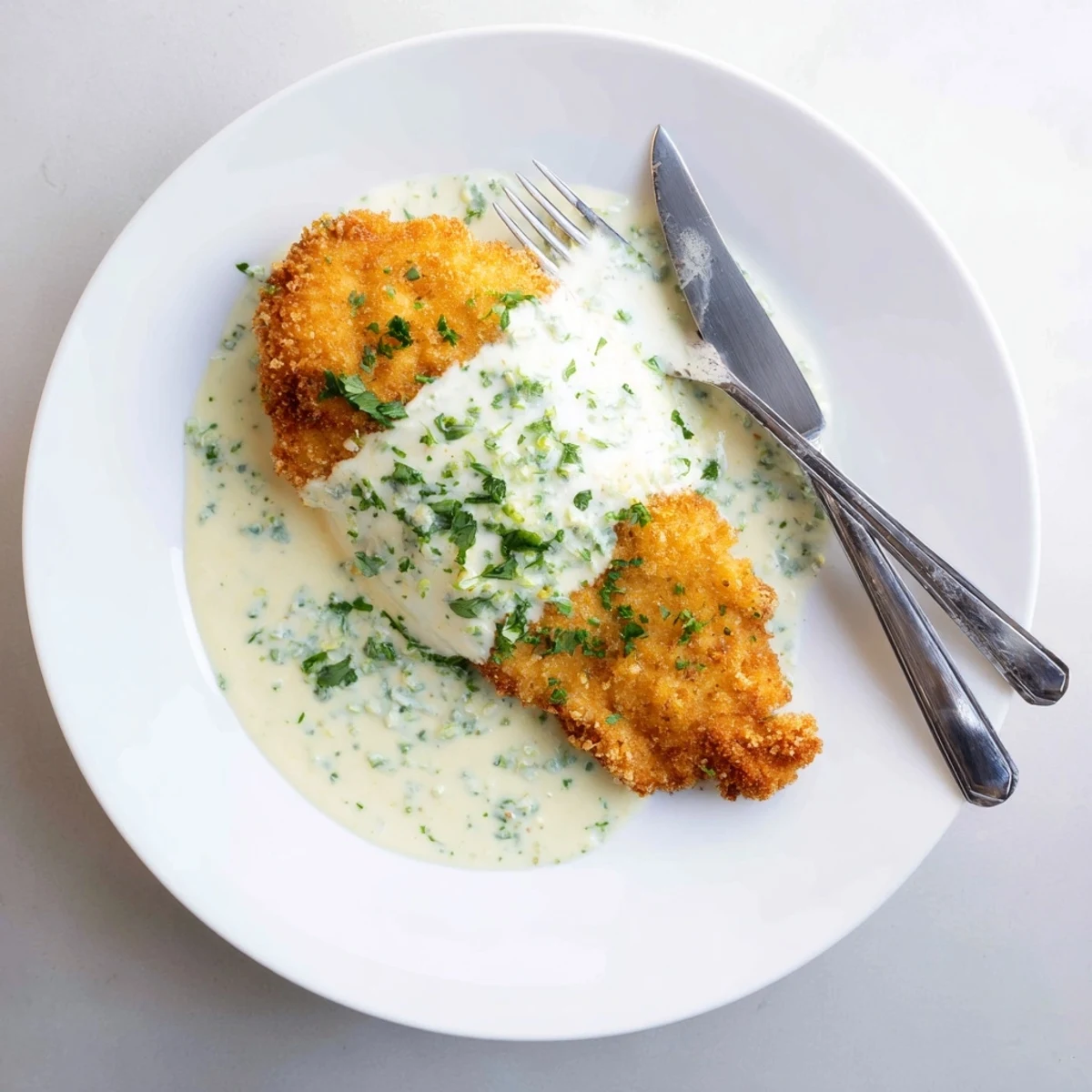 Golden brown Parmesan crusted chicken breast drizzled with rich white garlic sauce on a white plate