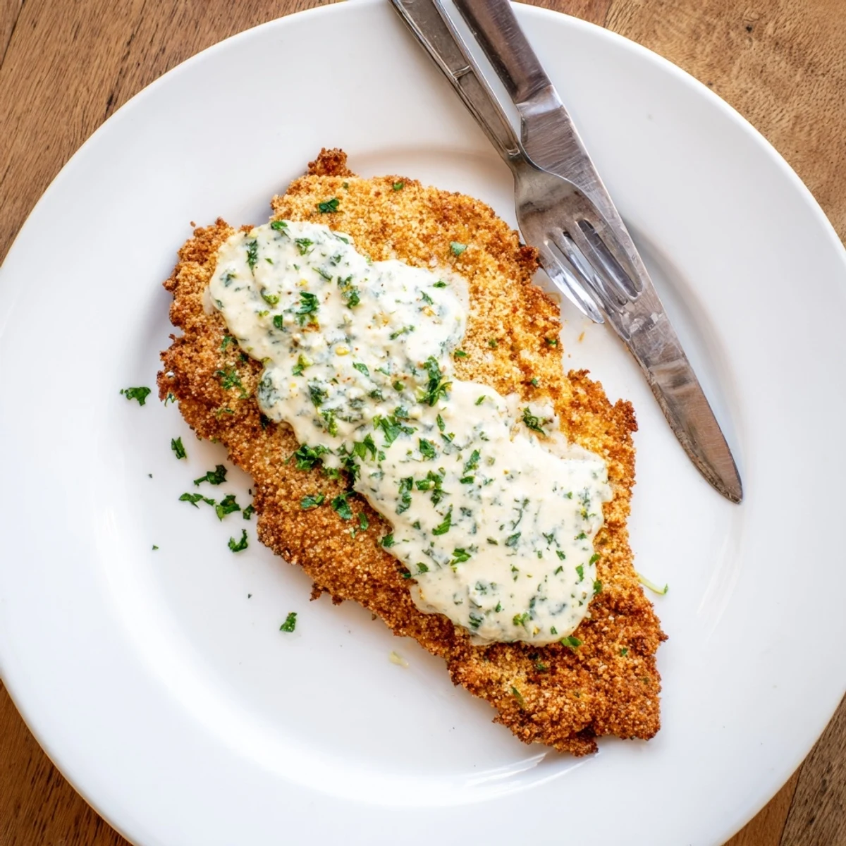 Juicy baked chicken with crispy Parmesan coating topped with creamy garlic sauce and fresh parsley garnish