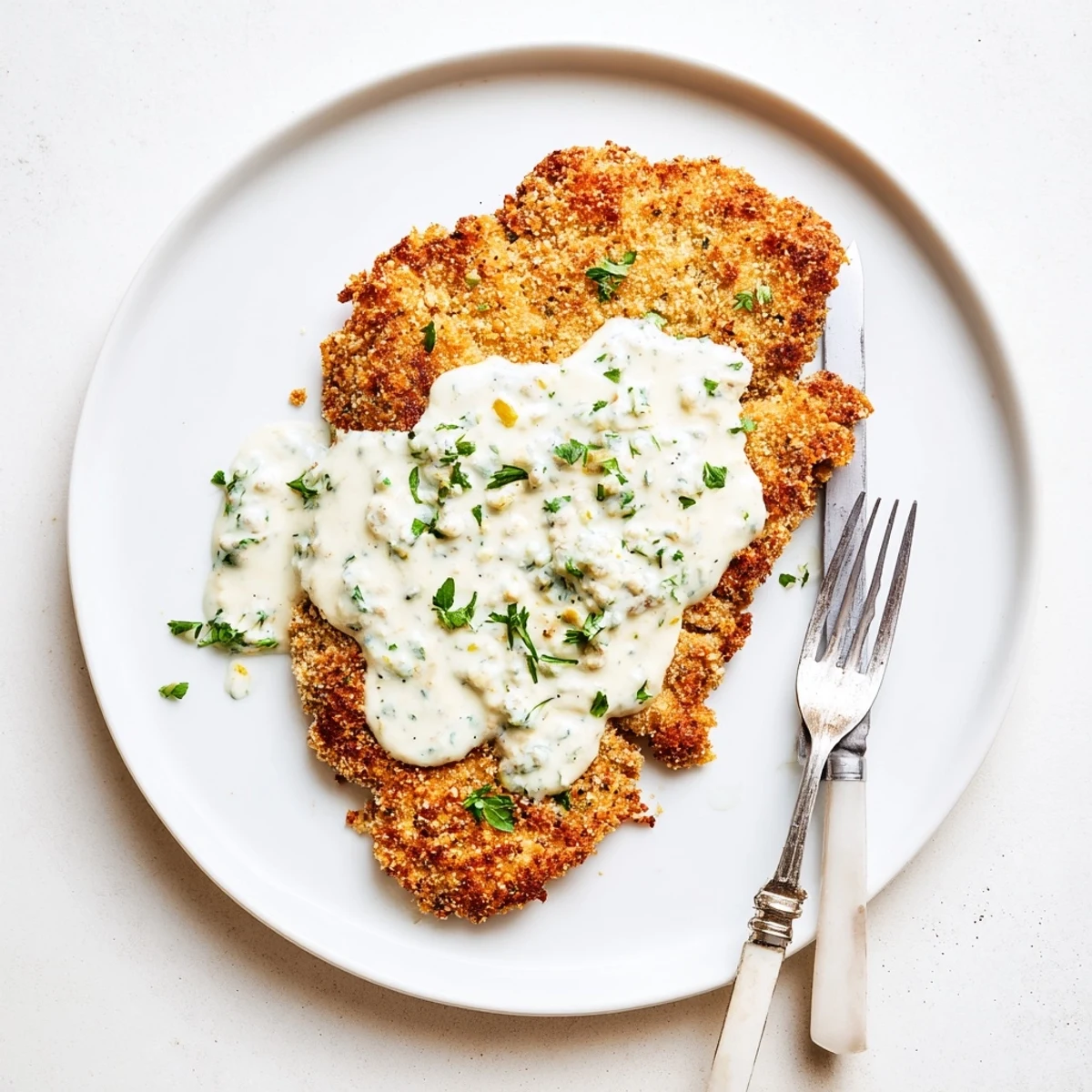 Succulent parmesan crusted chicken served swimming in a velvety garlic cream sauce with golden breadcrumb crust