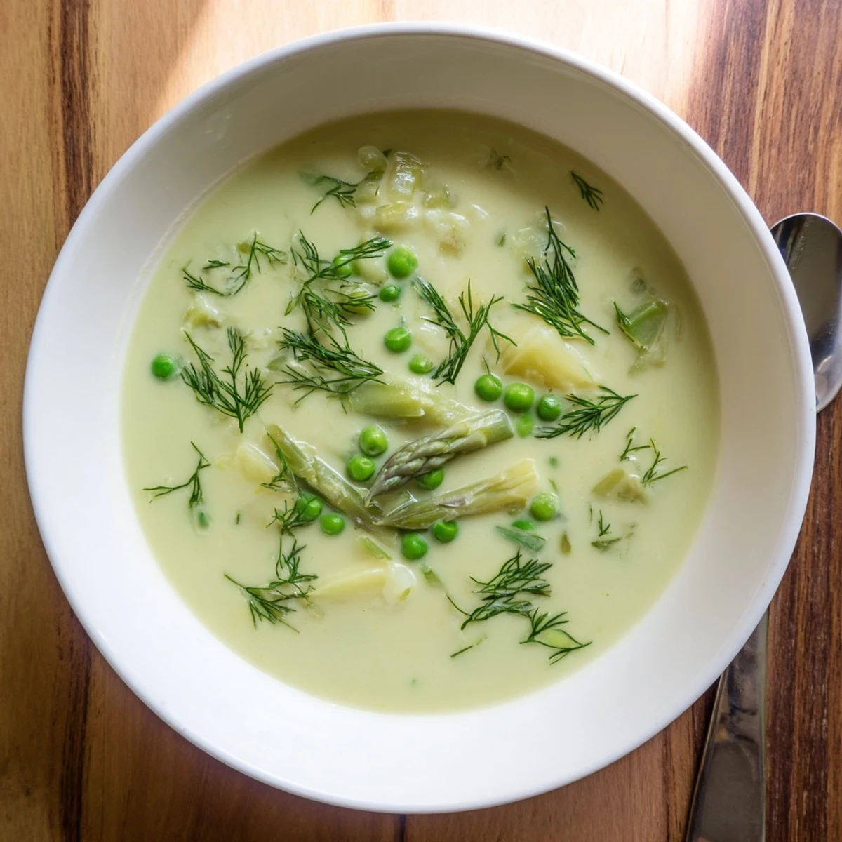 Creamy spring vegetable soup with asparagus and peas in white bowl garnished with fresh dill
