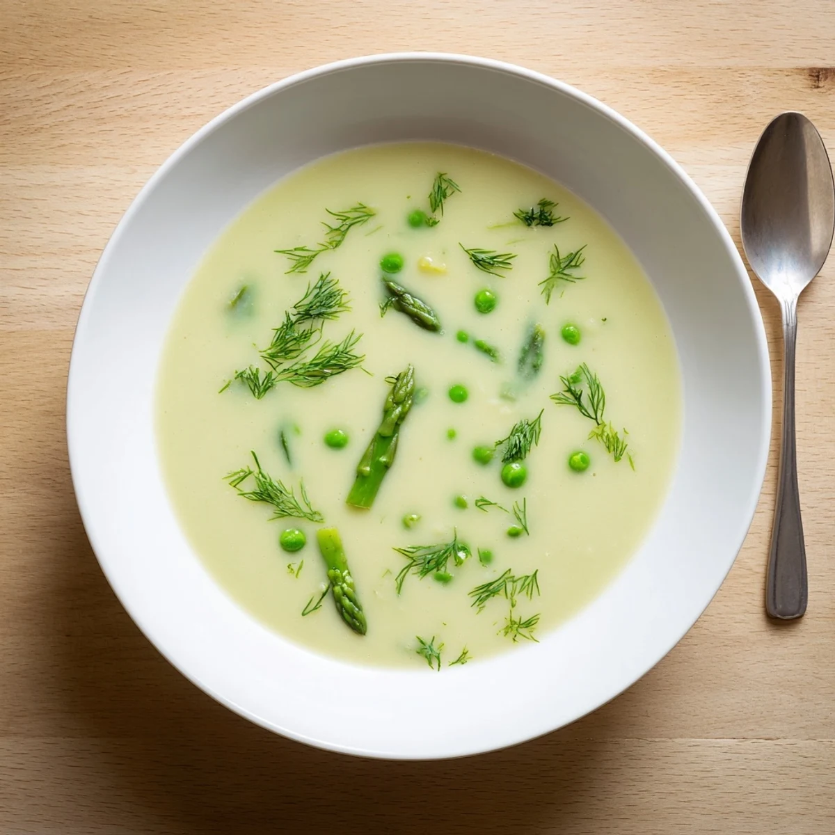 Bowl of creamy spring vegetable soup with green vegetables floating in rich broth