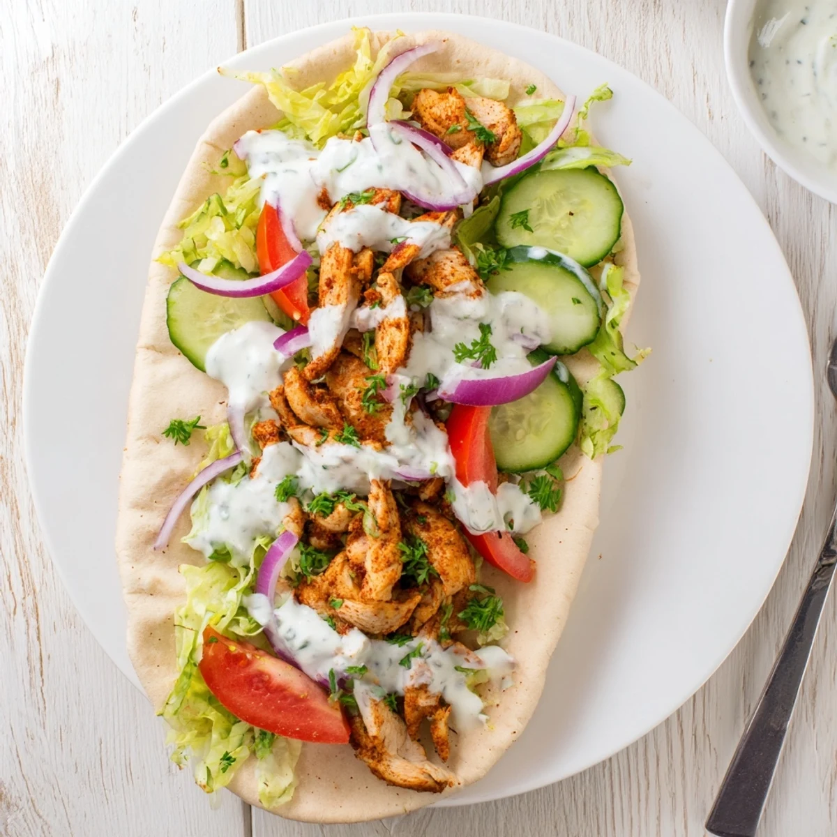 Tender roasted chicken shawarma slices drizzled with white garlic sauce inside a soft flatbread.