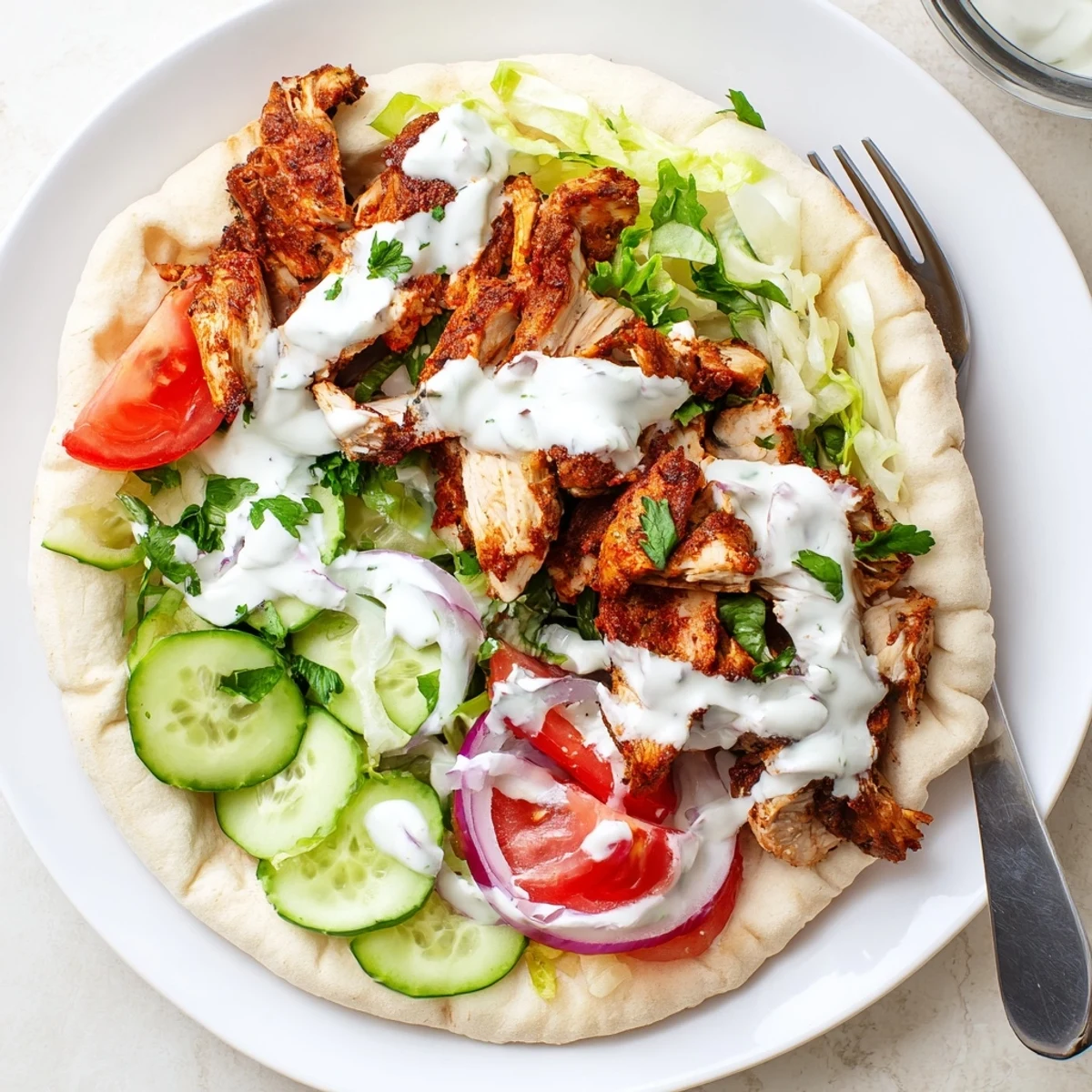 Golden brown spiced chicken shawarma wrapped in warm pita with crisp lettuce and tomatoes.