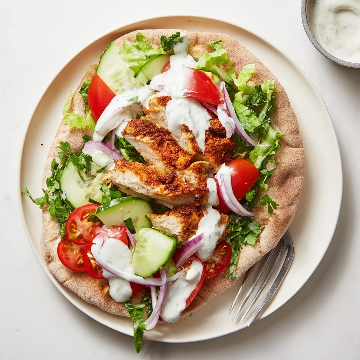 Homemade chicken shawarma plate featuring marinated thighs, fresh vegetables, and creamy garlic dressing.