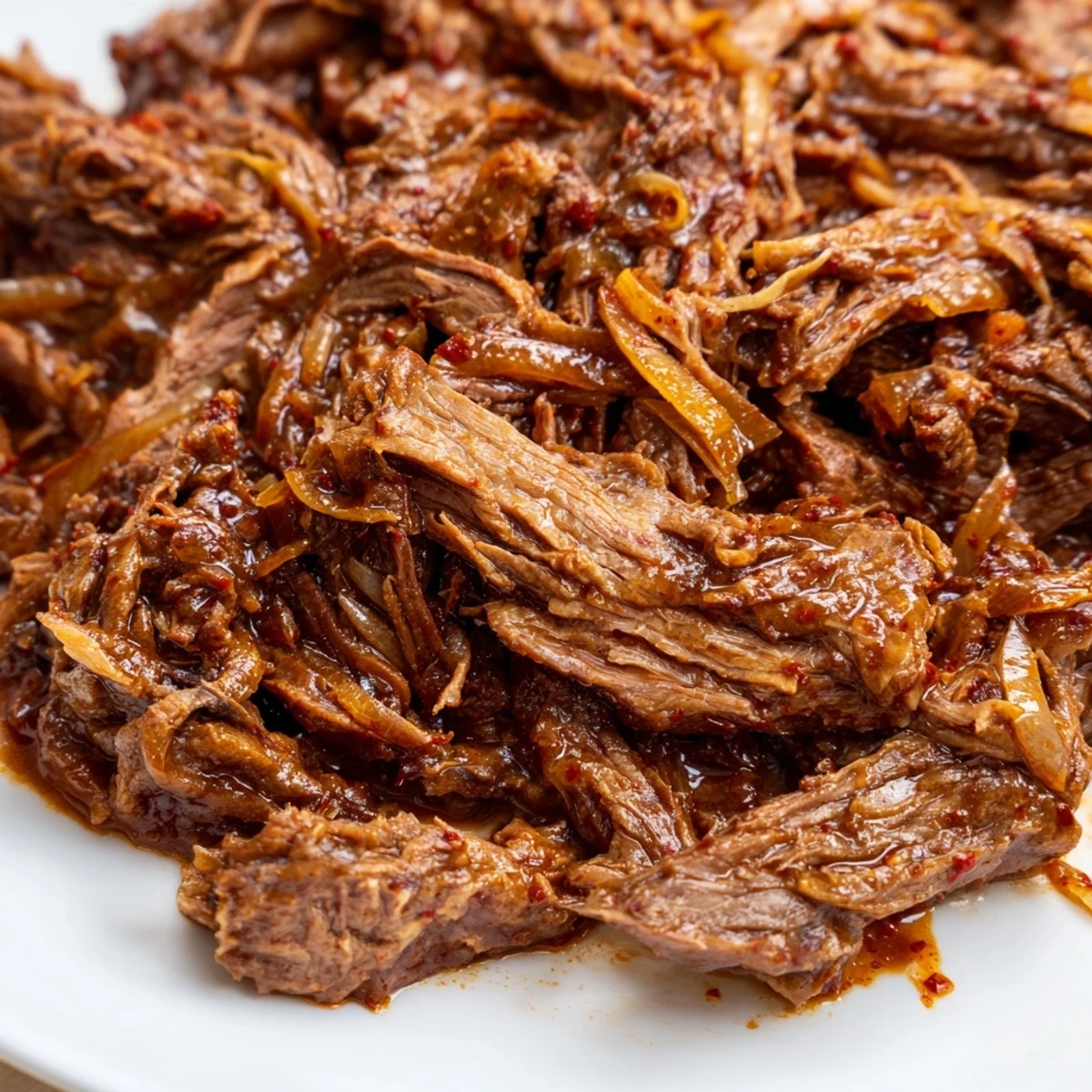 Fork-tender Crock Pot shredded beef seasoned with spices, ideal for rice bowls