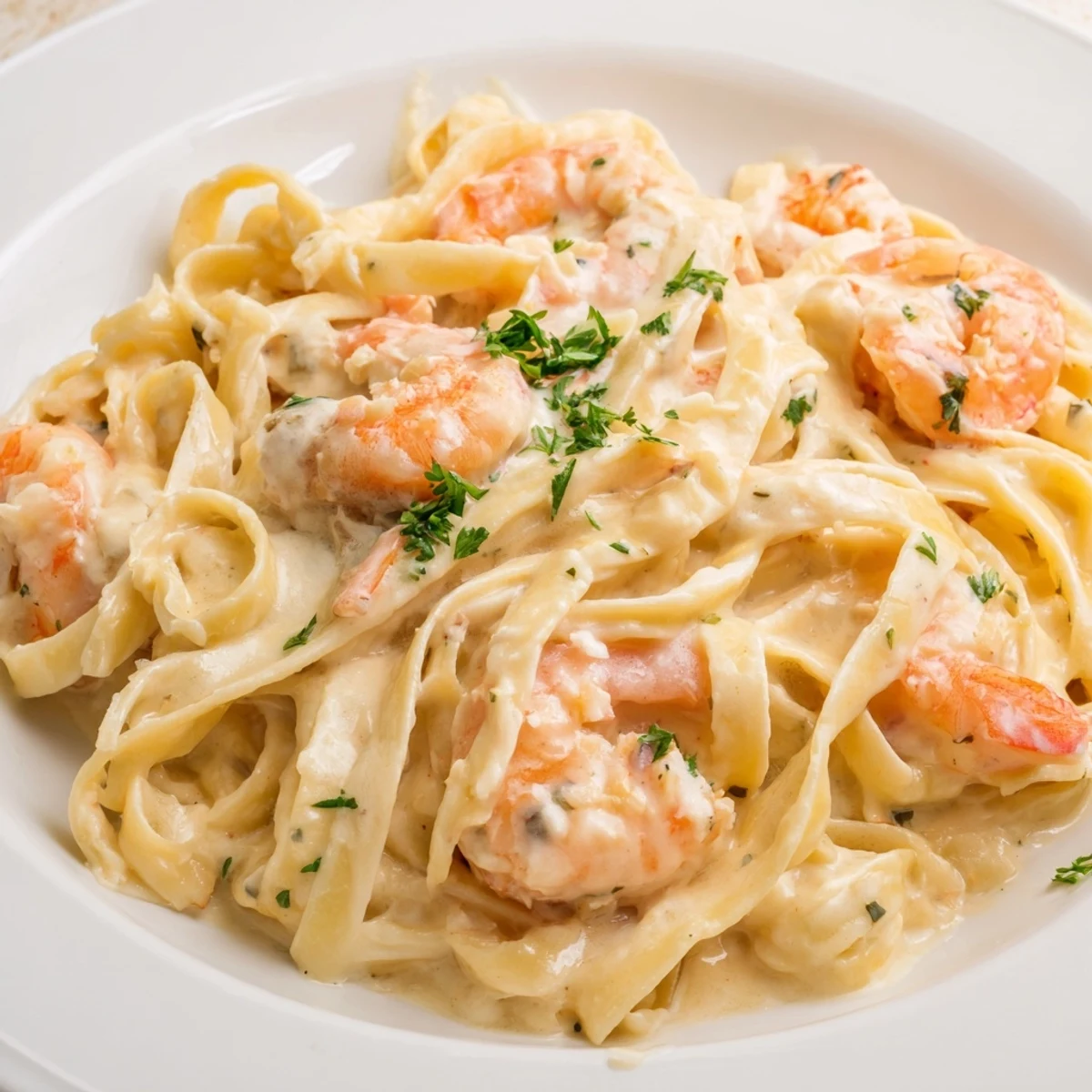 Golden creamy shrimp fettuccine pasta tossed in homemade Alfredo sauce with fresh parsley garnish on a white plate