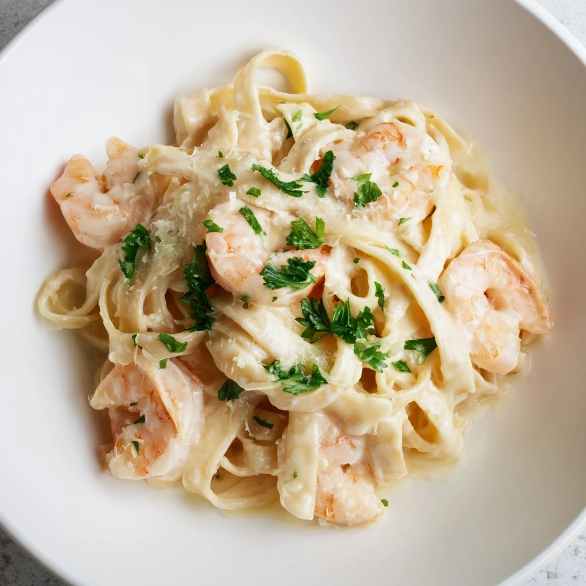 Steaming bowl of shrimp fettuccine featuring tender pink shrimp coated in rich Parmesan cream sauce over al dente pasta