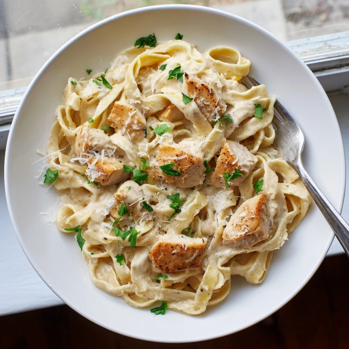 Creamy chicken Alfredo pasta with sliced chicken breast and rich Parmesan sauce coating fettuccine noodles.