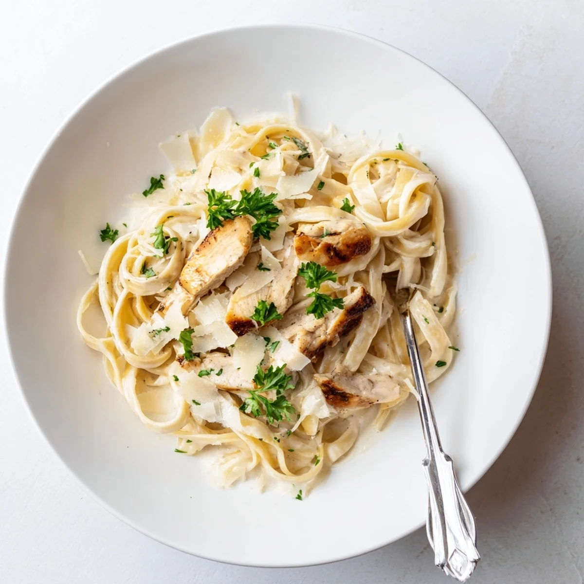 Golden chicken pieces atop fettuccine pasta in a velvety white Alfredo sauce with fresh parsley garnish.