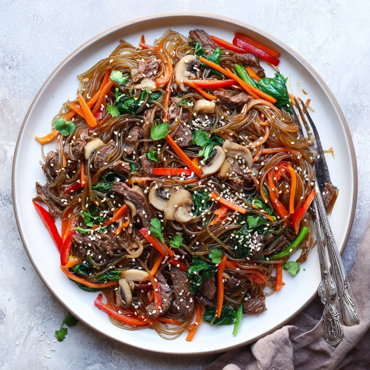 Steaming bowl of Korean beef noodles with tender meat slices and colorful vegetables in glossy red sauce