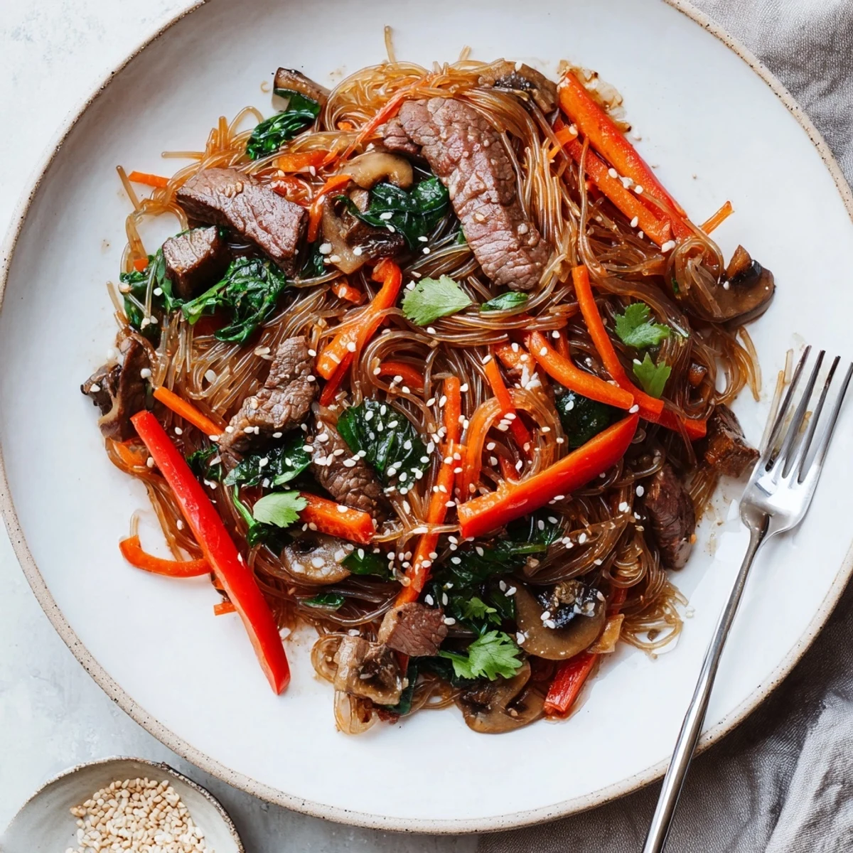 Hearty Korean beef noodles topped with toasted sesame seeds featuring vibrant carrots and spinach in rich spicy sauce