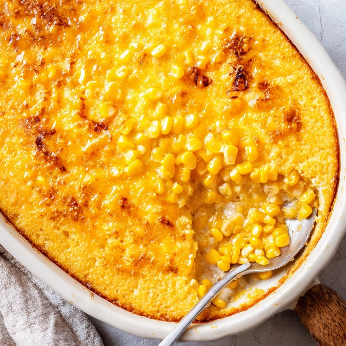 Golden honey glazed corn casserole with a caramelized top served in a white baking dish