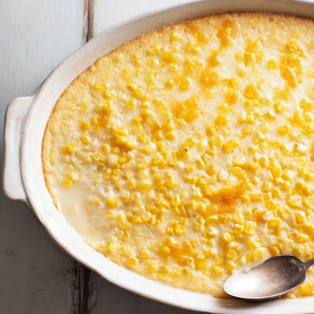 Spoonful of honey glazed corn casserole displaying its golden custard texture and caramelized surface
