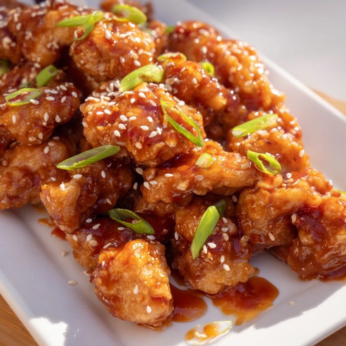 Golden brown sticky sweet chili chicken pieces glazed in a glossy red sweet and spicy sauce