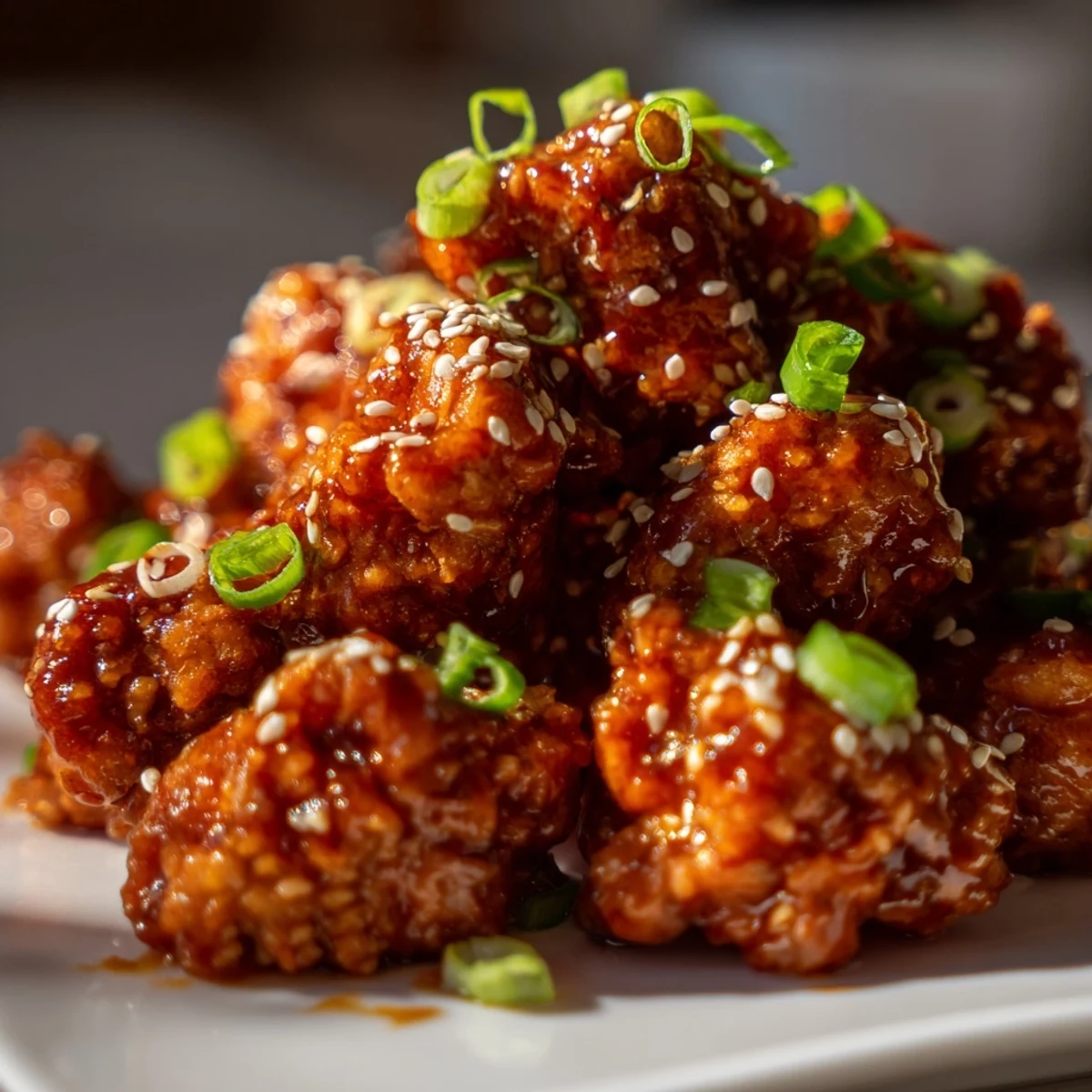Tender chicken thighs coated in thick sweet chili sauce garnished with green onions and sesame seeds