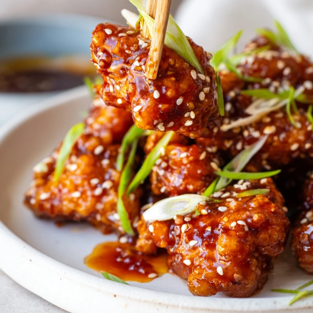 Weeknight dinner of sticky sweet chili chicken served over steamed white rice with vibrant scallions