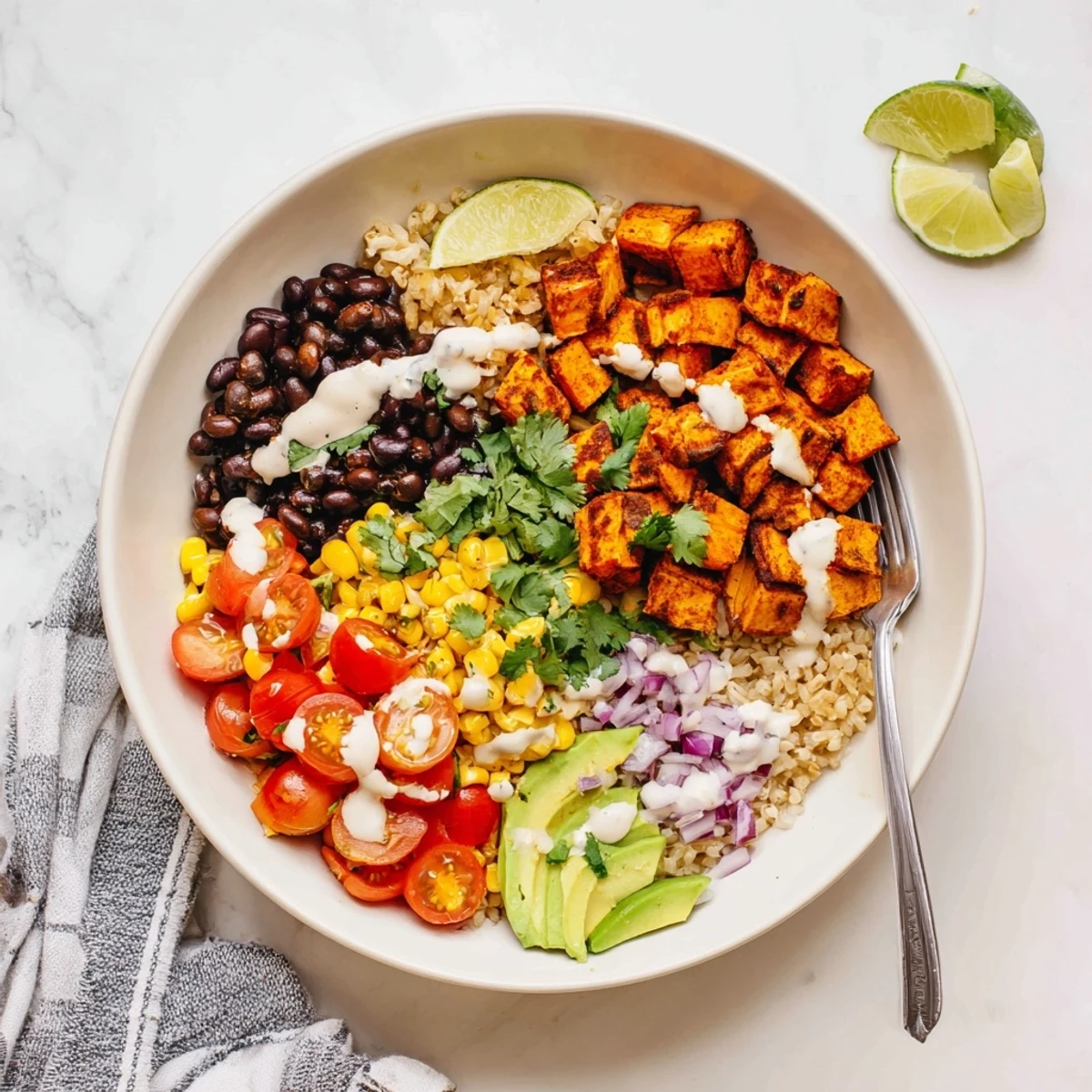 Colorful vegan sweet potato burrito bowl piled high with roasted potatoes, black beans, avocado, and fresh cilantro garnish.