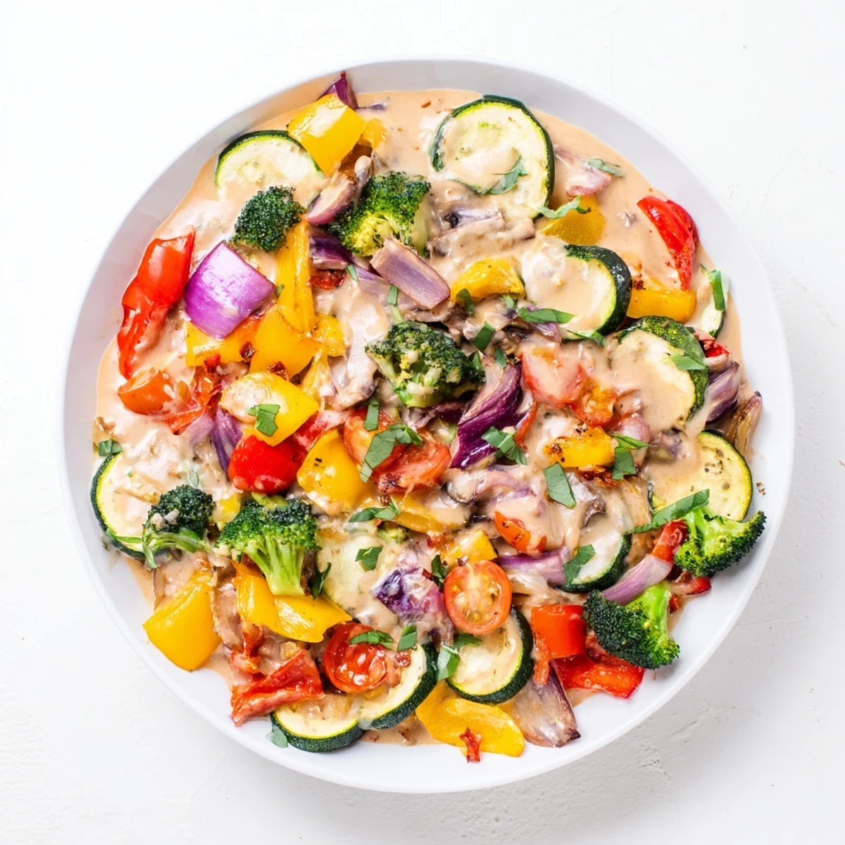 Golden roasted vegetables in a creamy sun-dried tomato sauce garnished with fresh basil