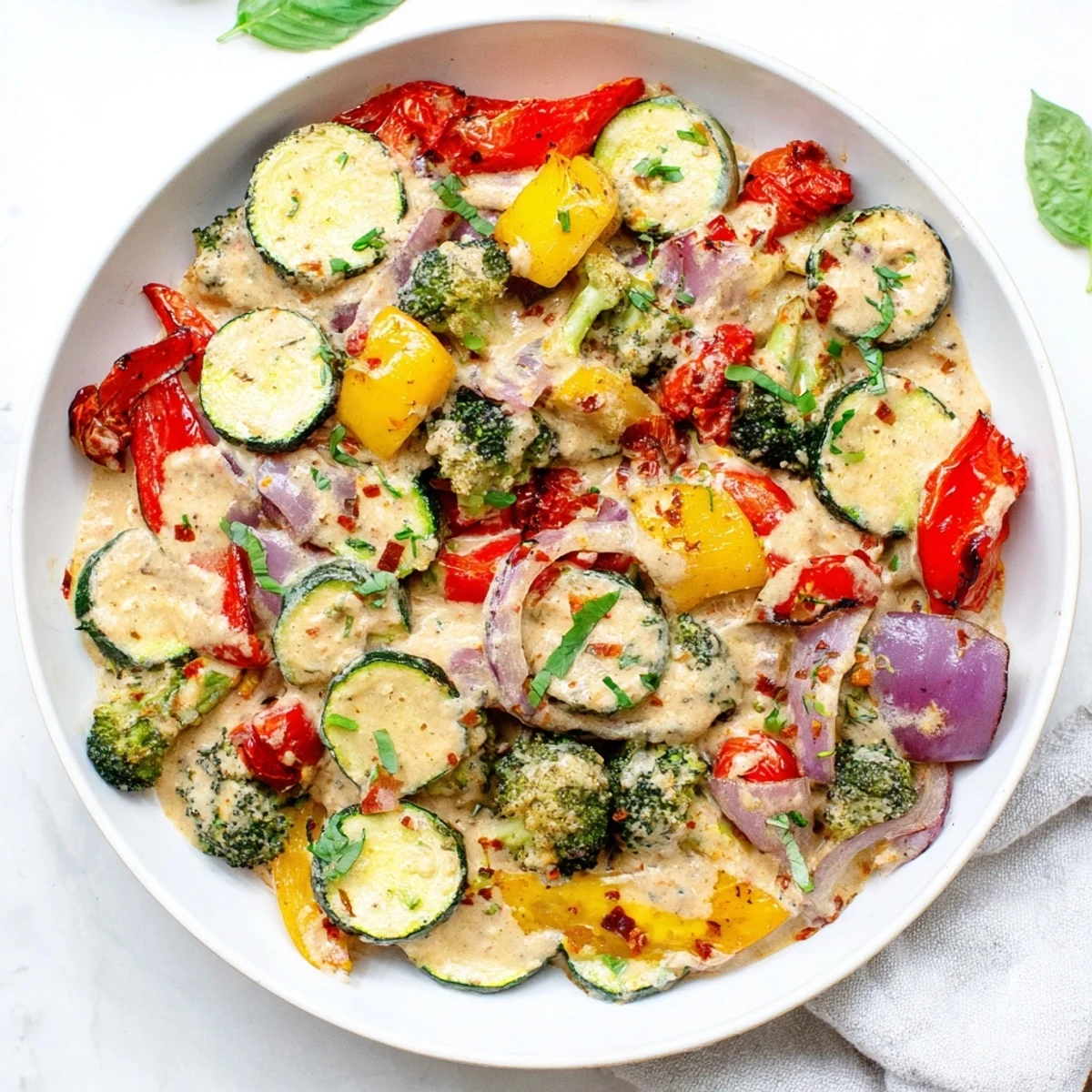 Colorful zucchini bell peppers and eggplant roasted then coated in sun-dried tomato cream sauce