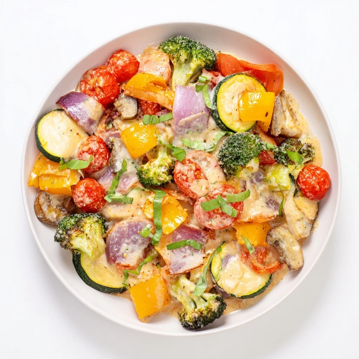 Vibrant Marry Me roasted vegetable medley tossed with rich Parmesan cream sauce