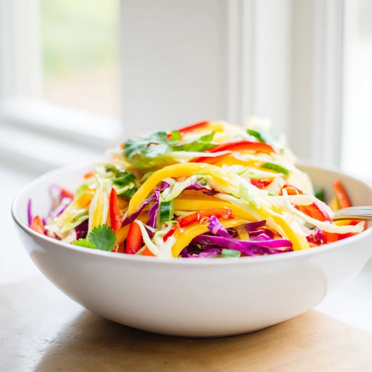 Colorful mango slaw with shredded cabbage and crisp vegetables in a bright bowl