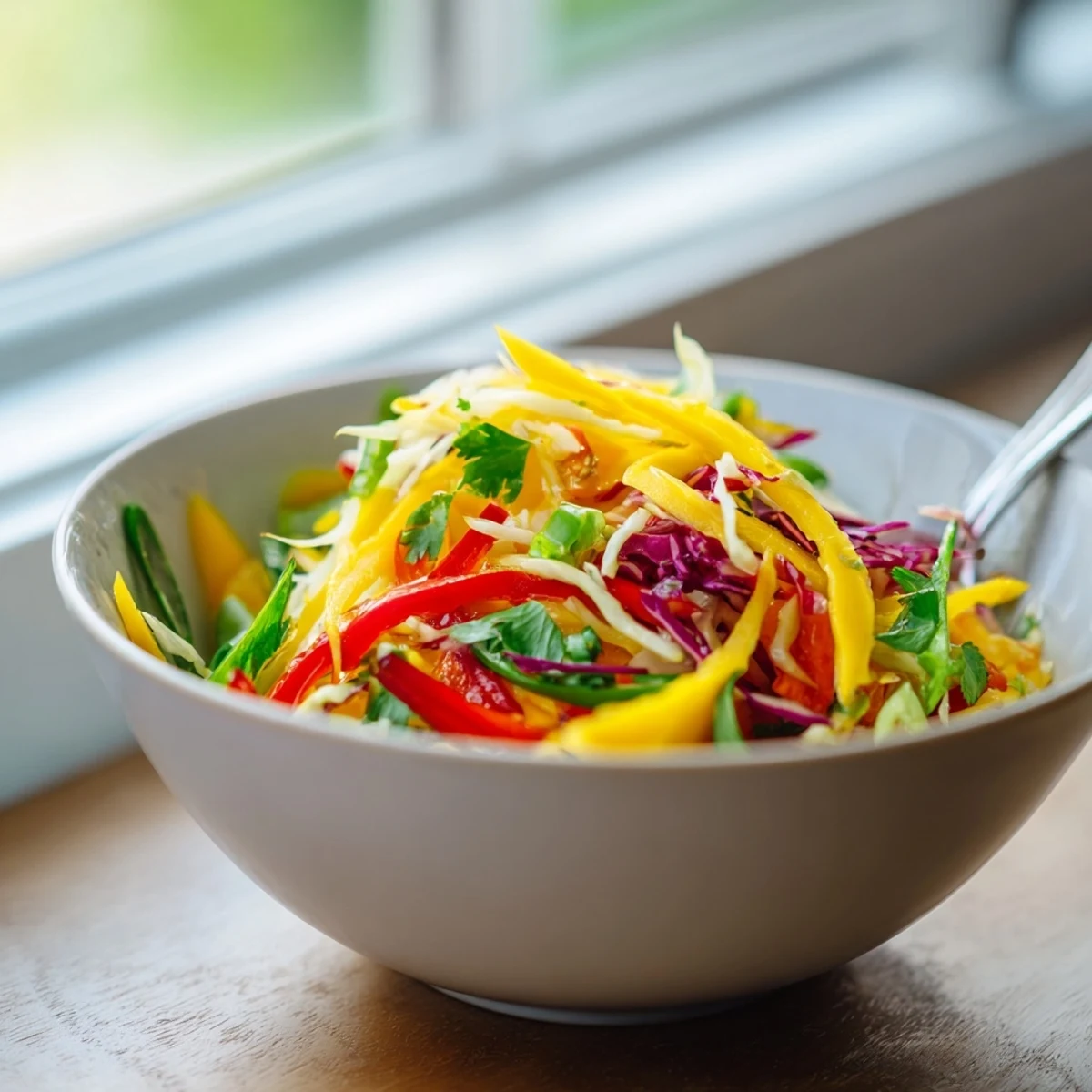 Fresh mango slaw topped with cilantro and lime dressing on a white plate