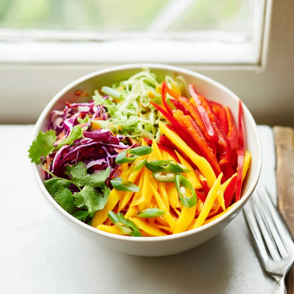 Vibrant mango slaw featuring julienned mango and red cabbage ready for summer grilling