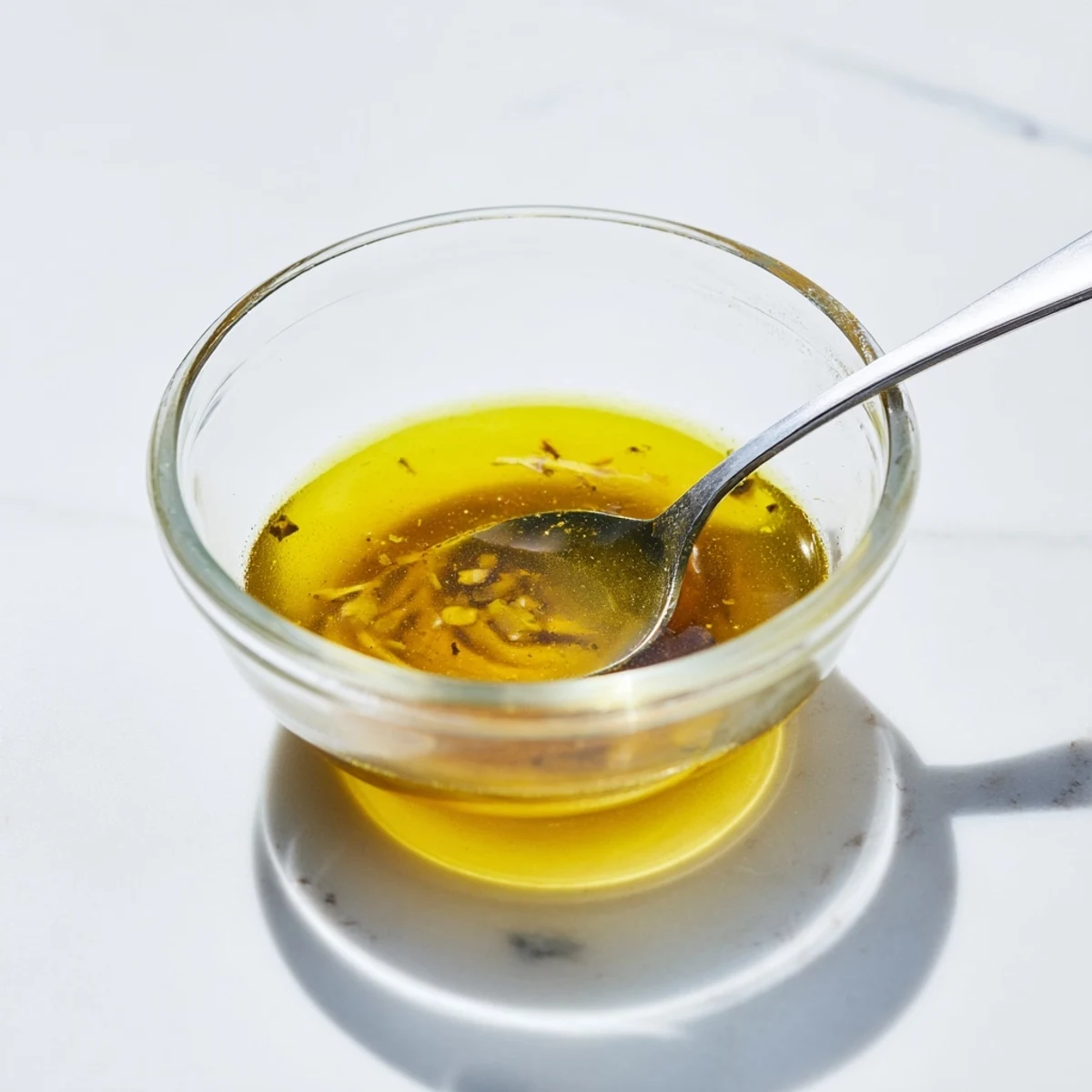 Tangy honey lemon vinaigrette emulsified in glass jar with lemon zest garnish on counter