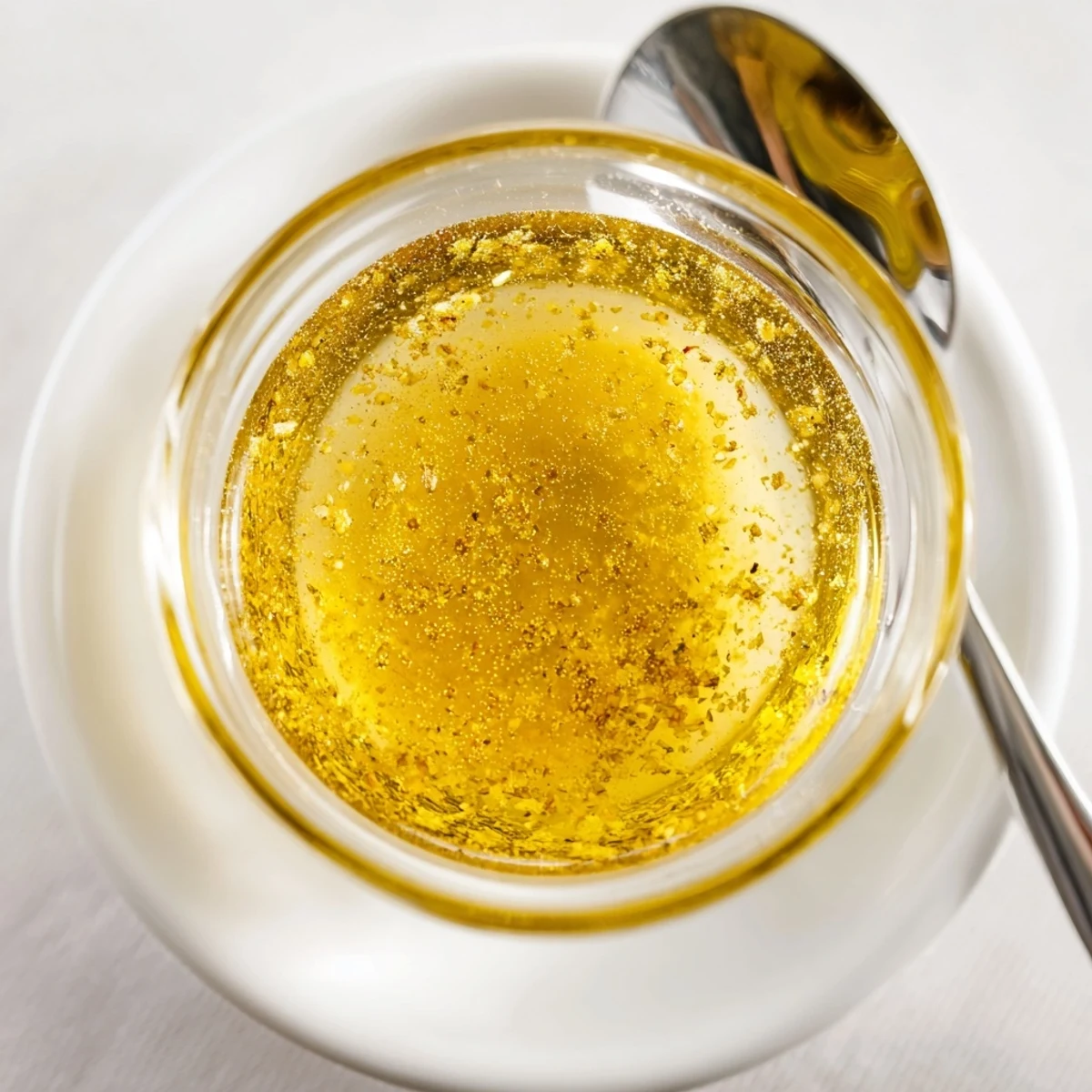 Golden honey lemon vinaigrette dressing drizzled over fresh green salad in white bowl