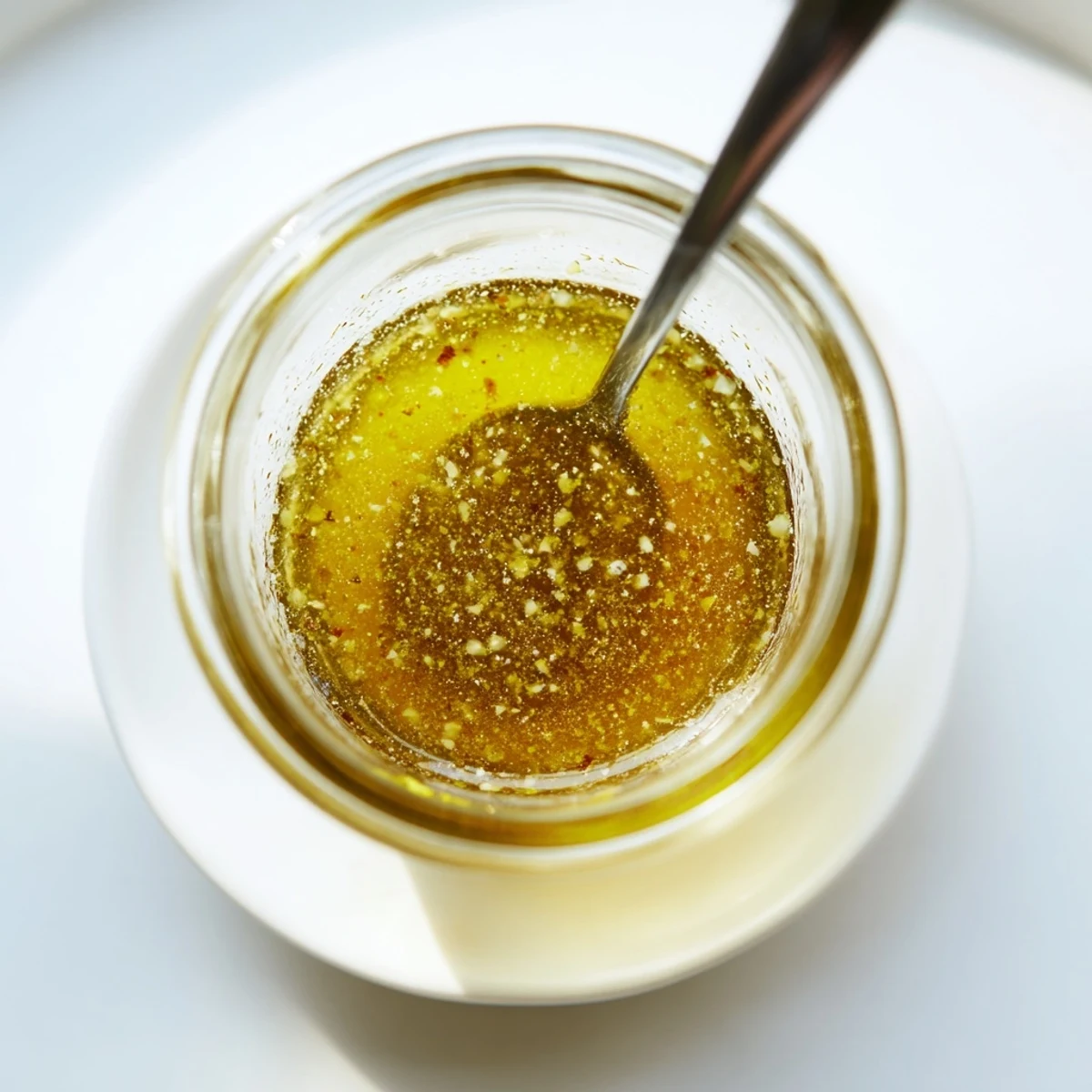 Creamy honey lemon vinaigrette spoon rising from rustic bowl with honey dipper nearby