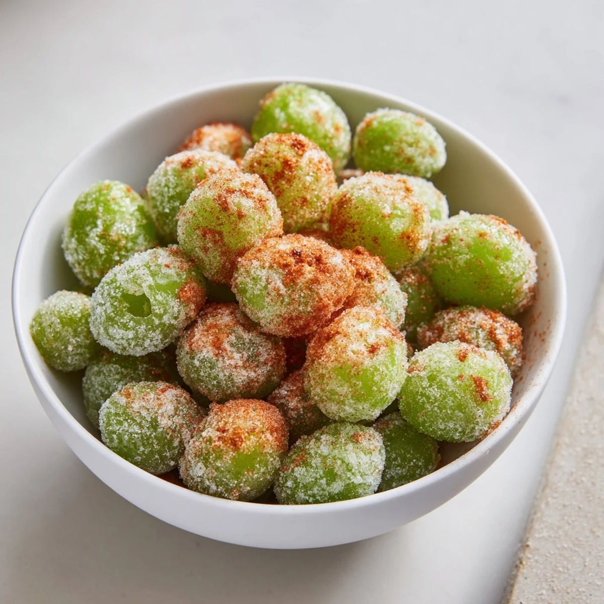 Bowl of frozen Tajín grapes coated in spicy red seasoning and fresh lime juice