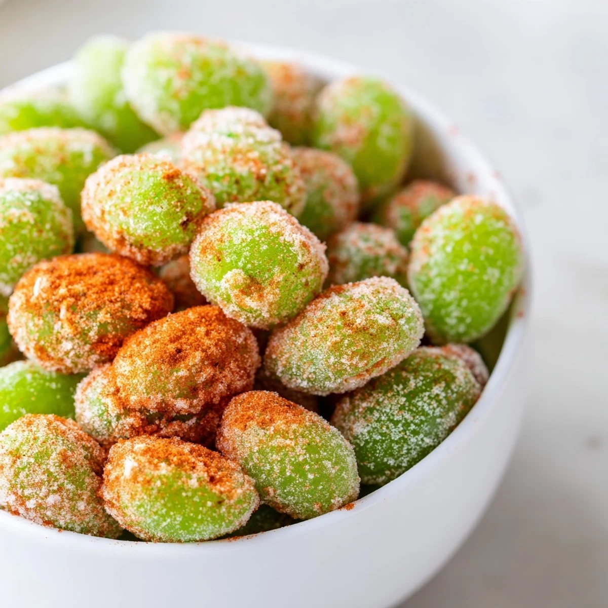 Refreshing frozen Tajín grapes sprinkled with chili lime seasoning ready to serve as cold snack